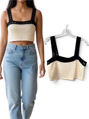House of Harlow 1960 Crochet Crop Top Cotton Boho Festival Cream Black L NWT